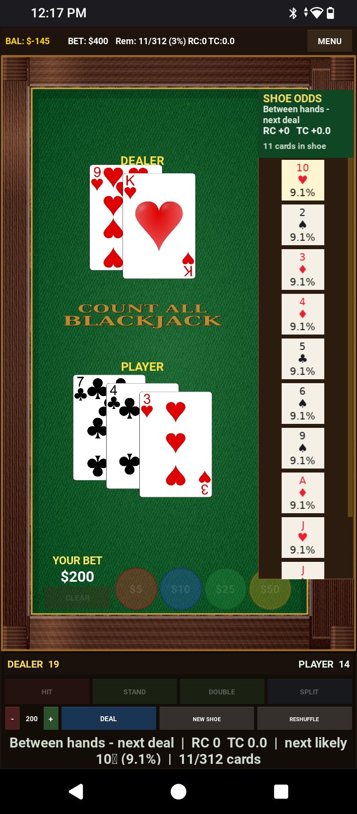 Count All Blackjack — multi-card hand with shoe odds and remaining cards
